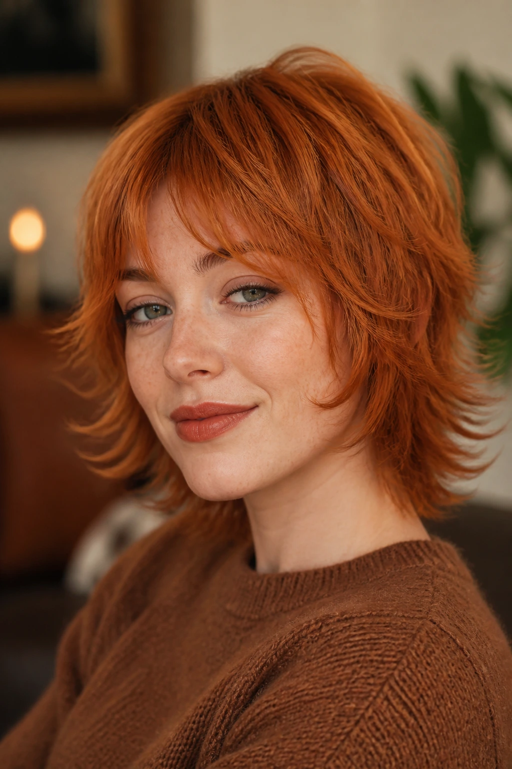 Close-up portrait of a real person with copper shag with flipped ends