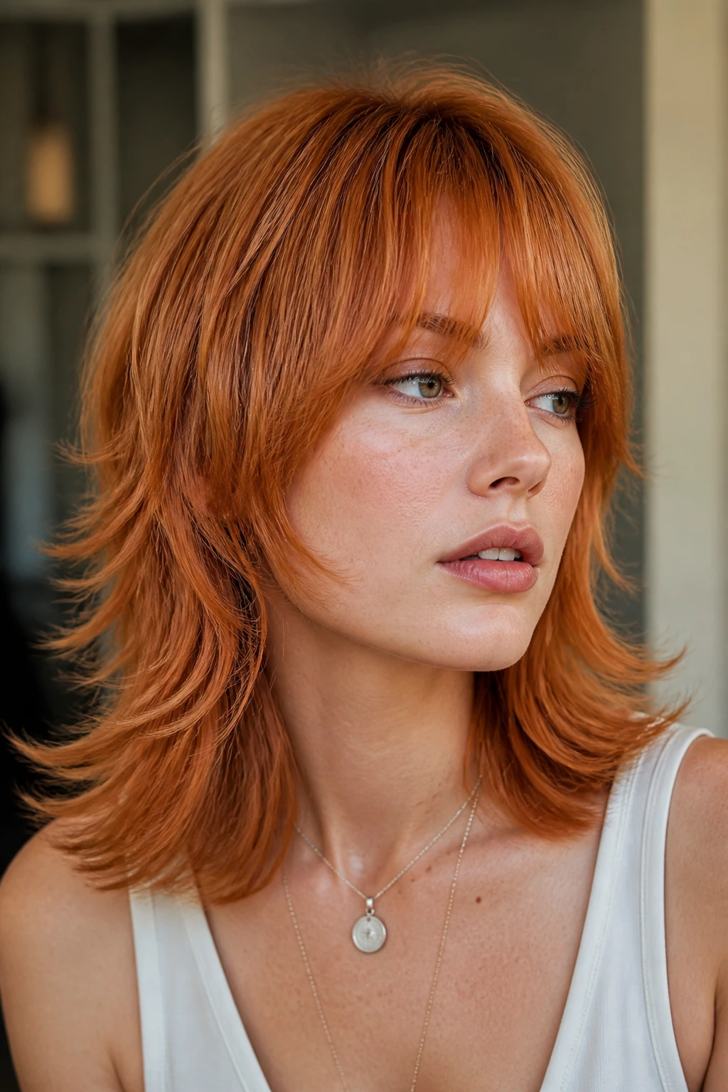 Close-up portrait of real person with copper shag and flipped ends