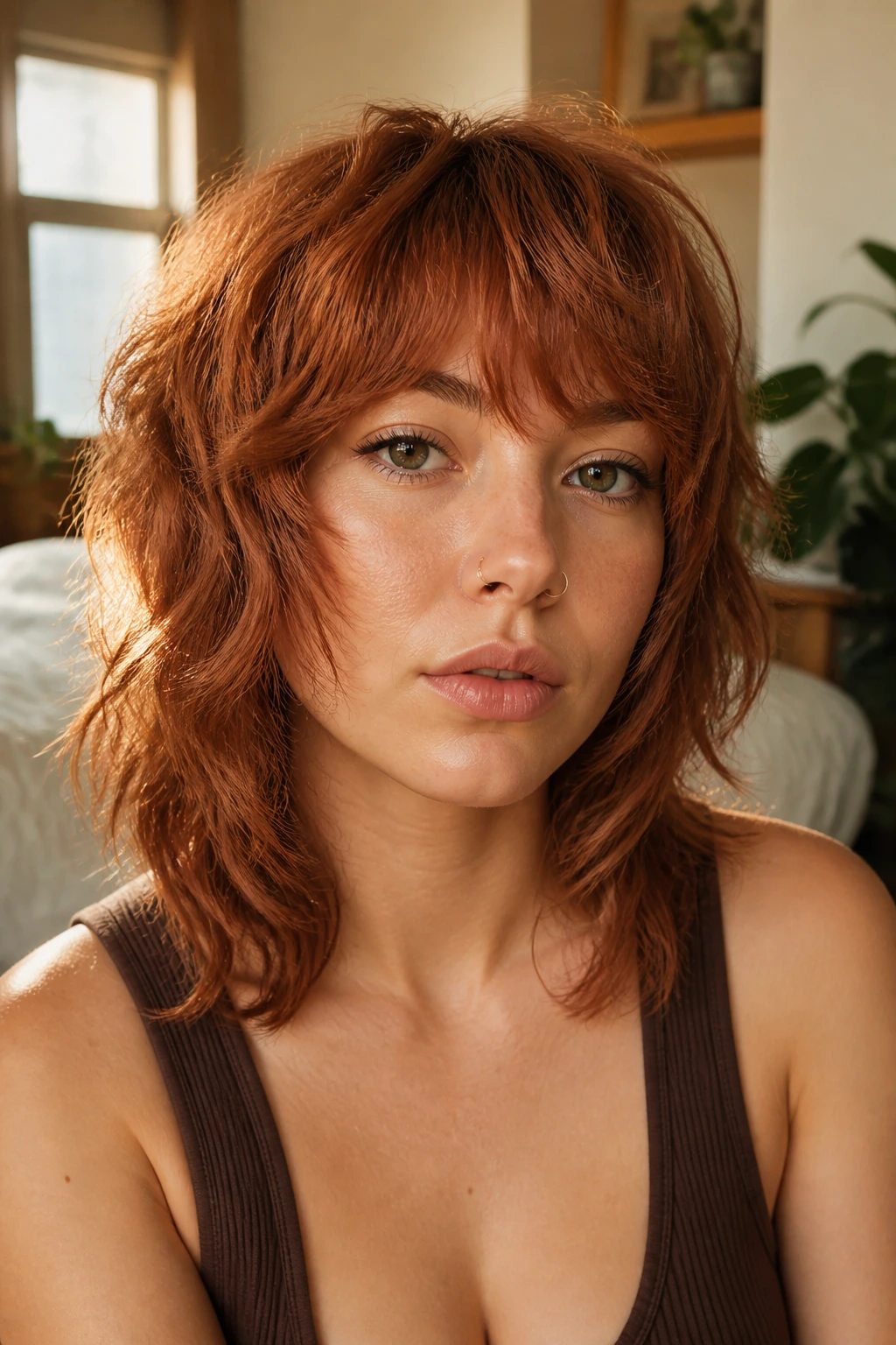 Close-up of copper shag with cheekbone slices on a real woman