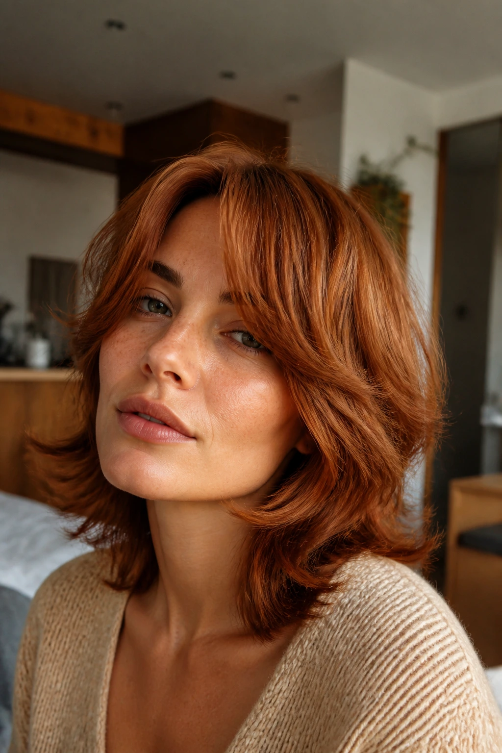 Portrait of a person with copper-toned layered shag in natural daylight