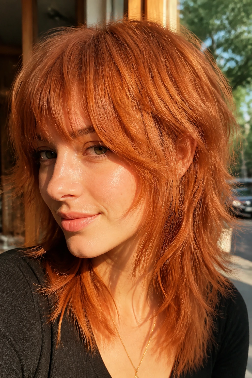 Portrait of a real woman with long fringe copper shag in cafe lighting