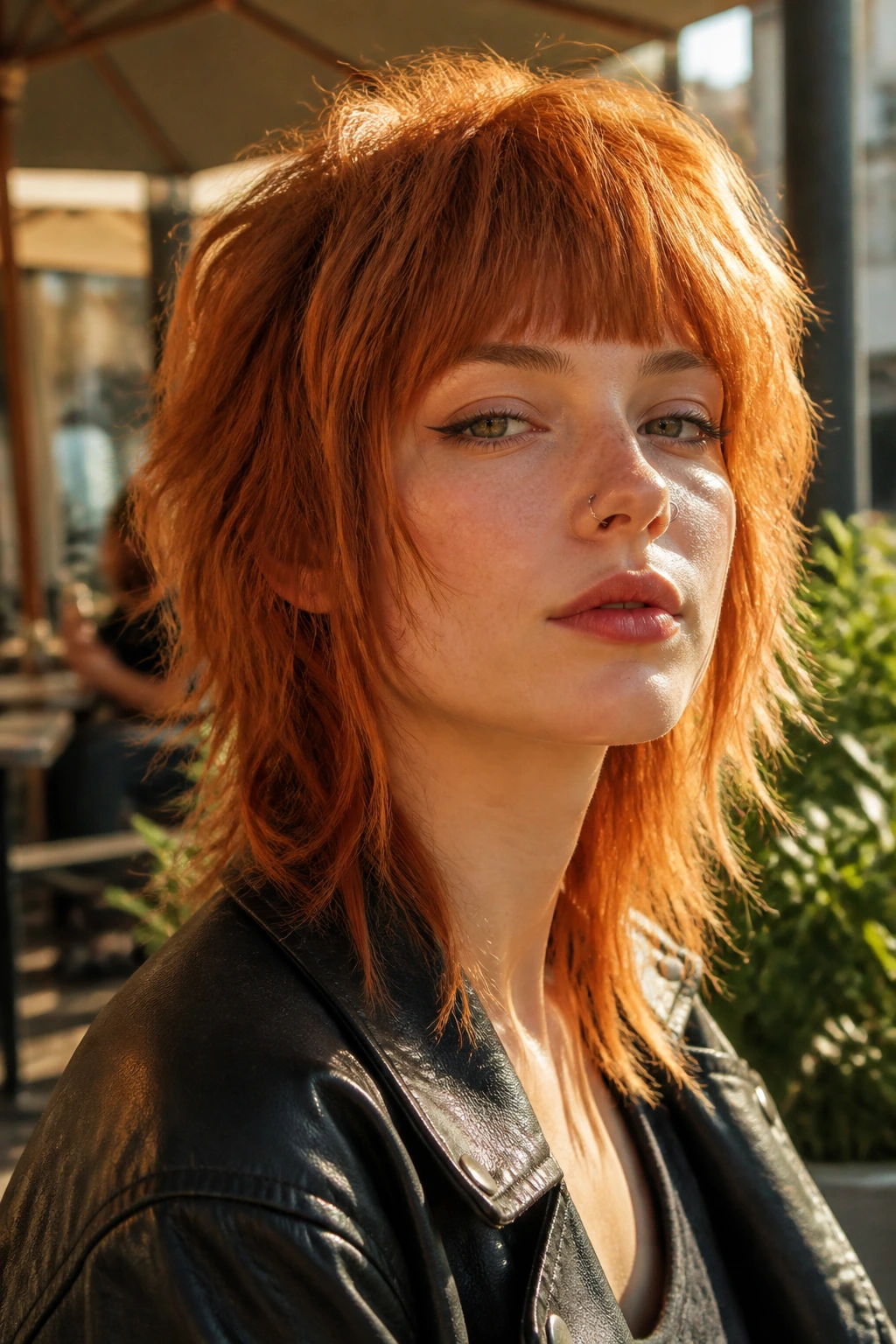 Close-up of a real person with copper piecey shag and blunt fringe in warm outdoor light.