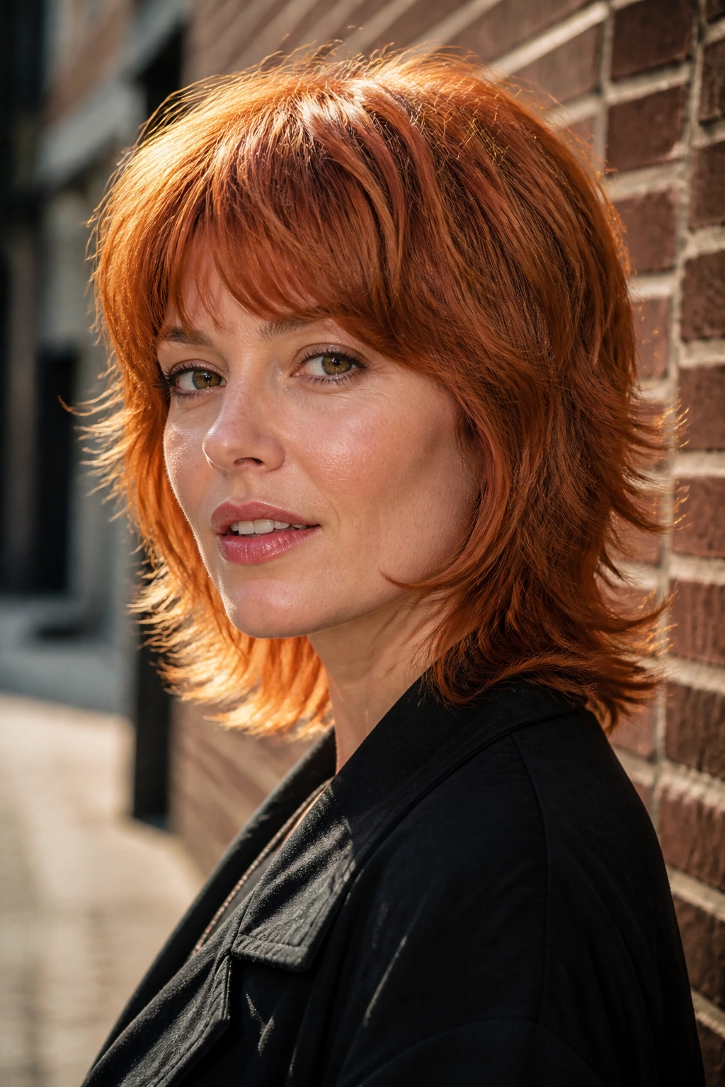 Portrait of a real woman with copper shag hairstyle with rounded crown and outward flip