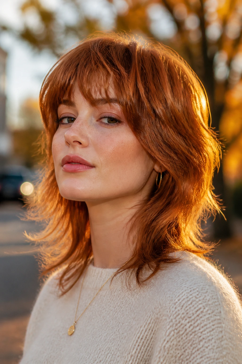 Portrait of a woman with copper shag and warm layers in golden hour light.