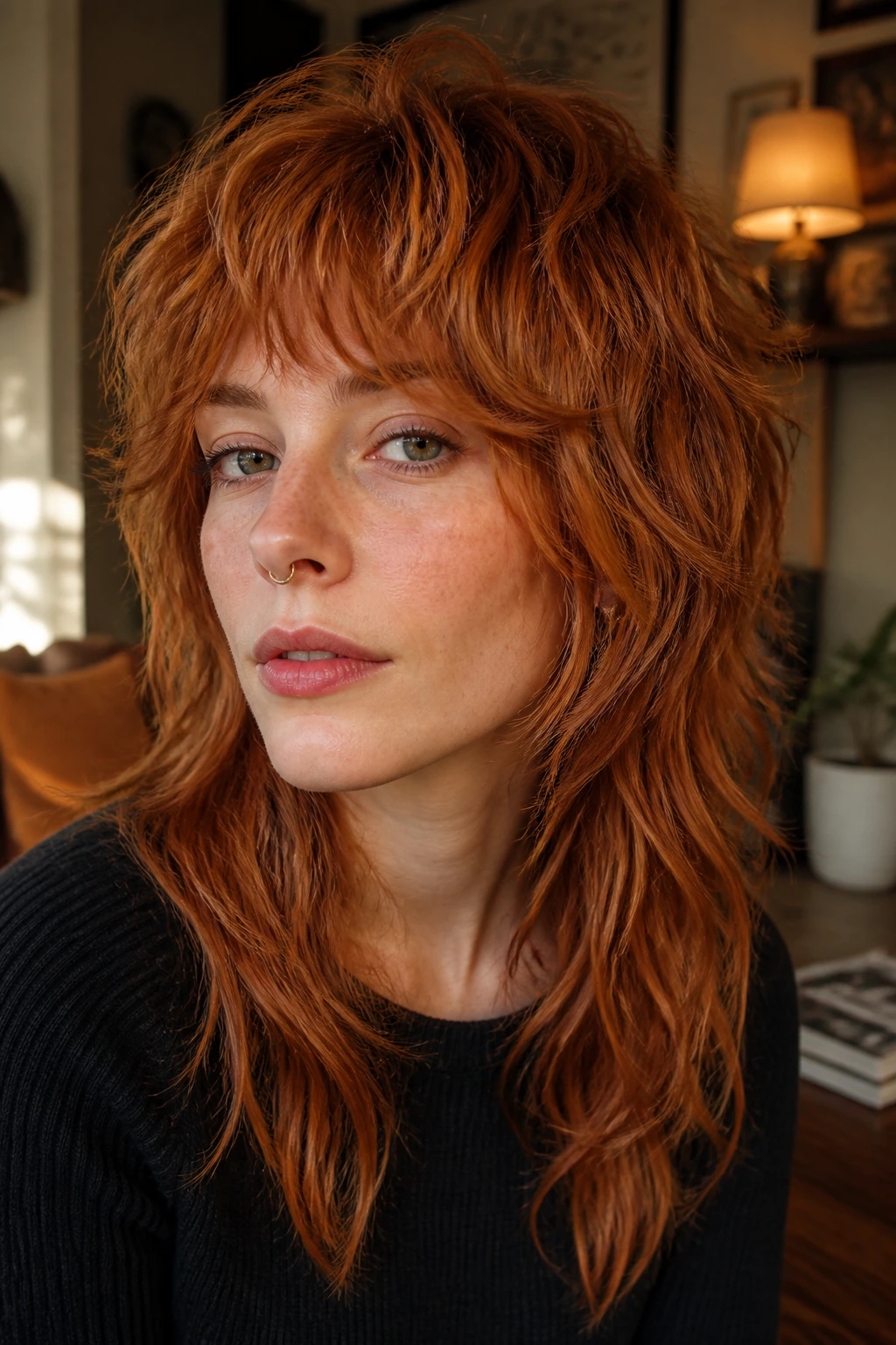 Close-up portrait of a real person with copper shag wolf hybrid haircut