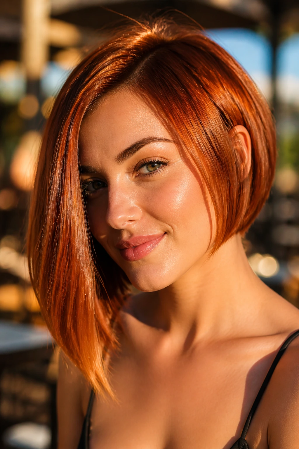 Close-up portrait of a real woman with Copper Shine Bob showing copper tones catching light
