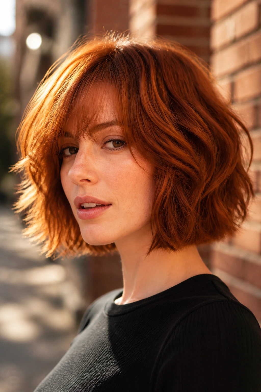 Close-up portrait of a real person with copper shine shag bob and luminous waves.