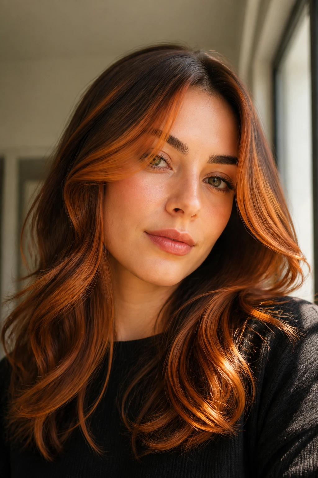 Close-up of copper spice face-framing layers on a real person