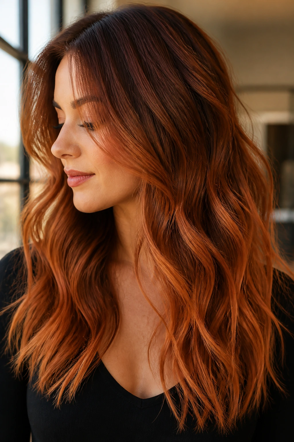 Close-up portrait of a real woman with copper spice melt showing layered warm tones