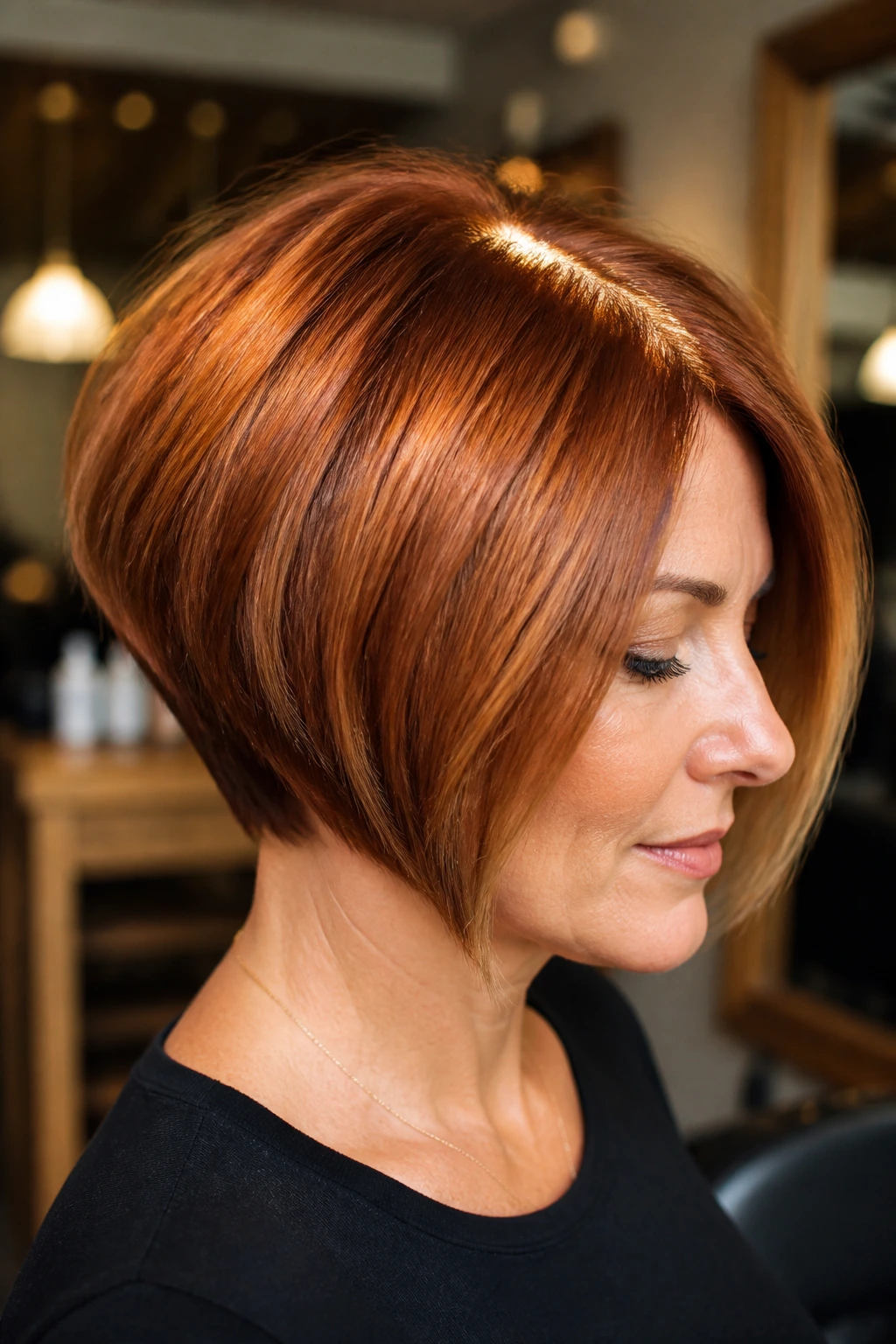 Portrait of a real person with copper-toned stacked bob and glossy finish