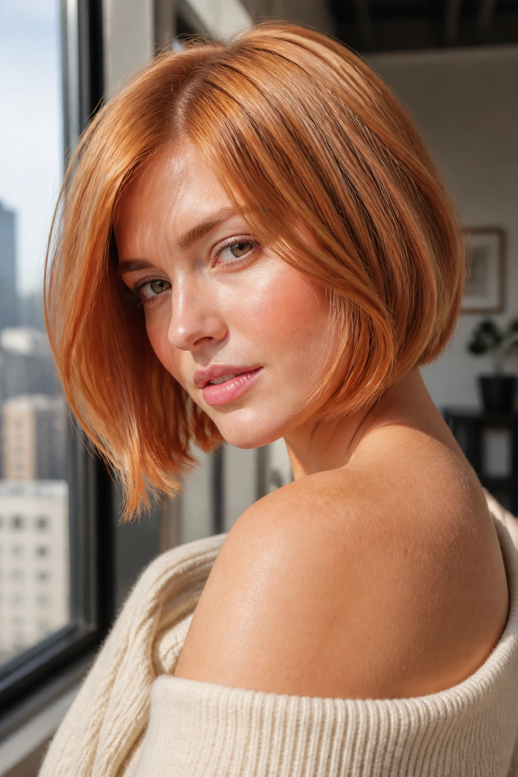 Close-up of a real woman with copper strawberry blonde bob in warm window light