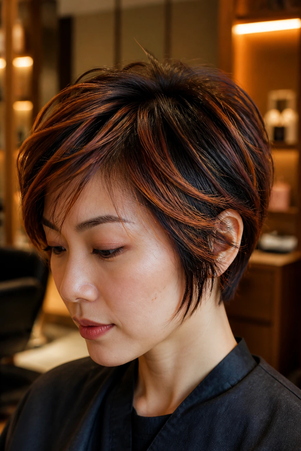 Close-up of a real Asian woman with copper streaks in a short textured crop