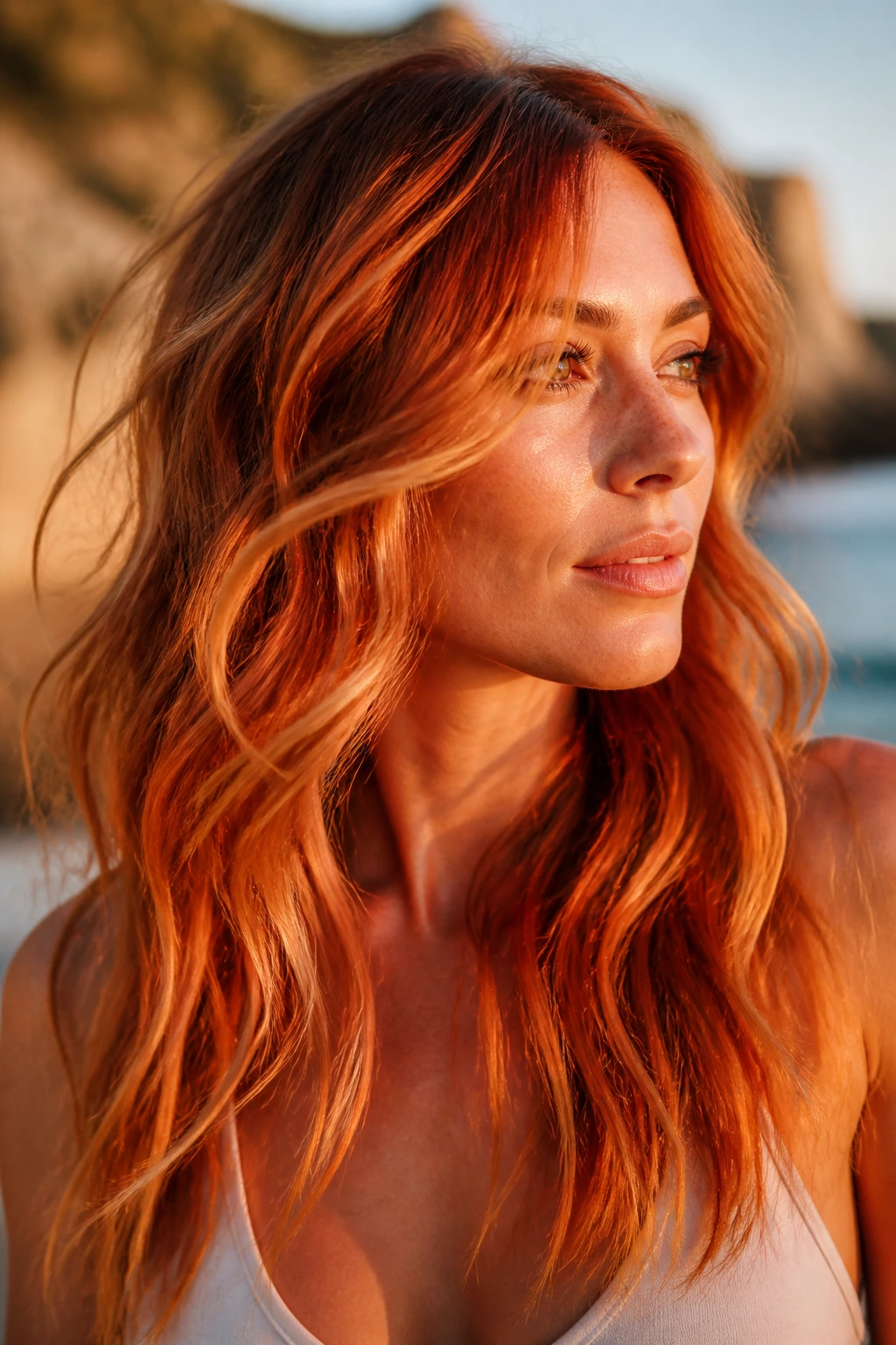 Close-up portrait of a real woman with copper sunrise waves in outdoor golden hour light.