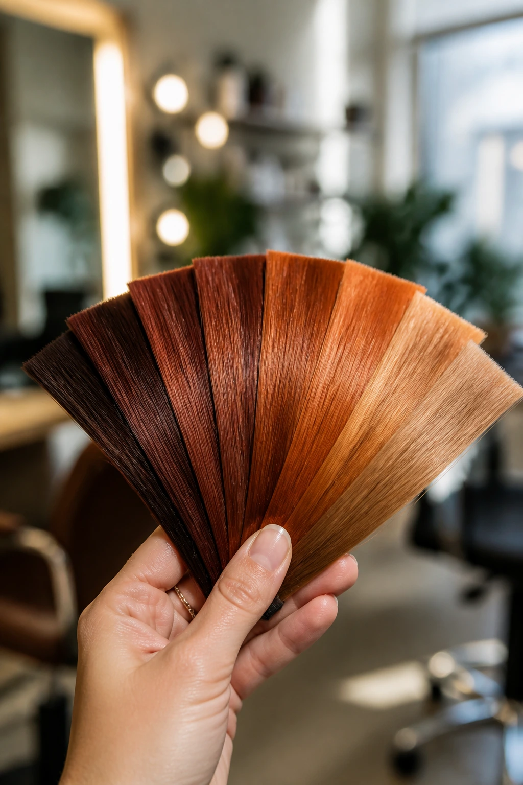 Close-up of copper hair color swatches held in hand, showing base shade options.