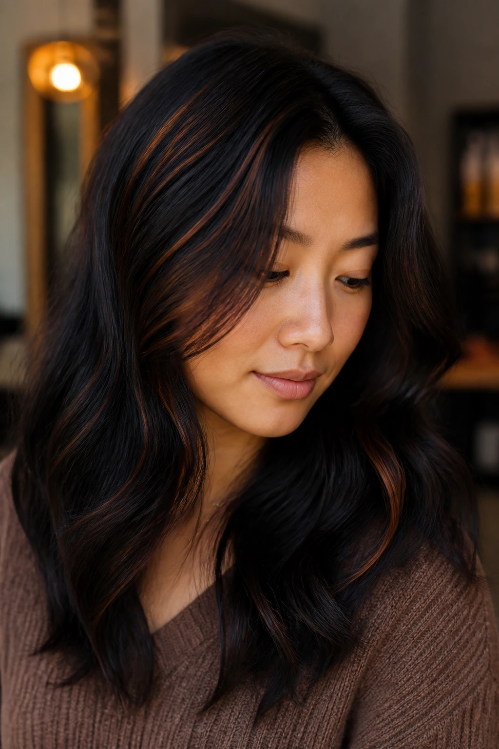 Real person with copper threading through black hair against warm backdrop.
