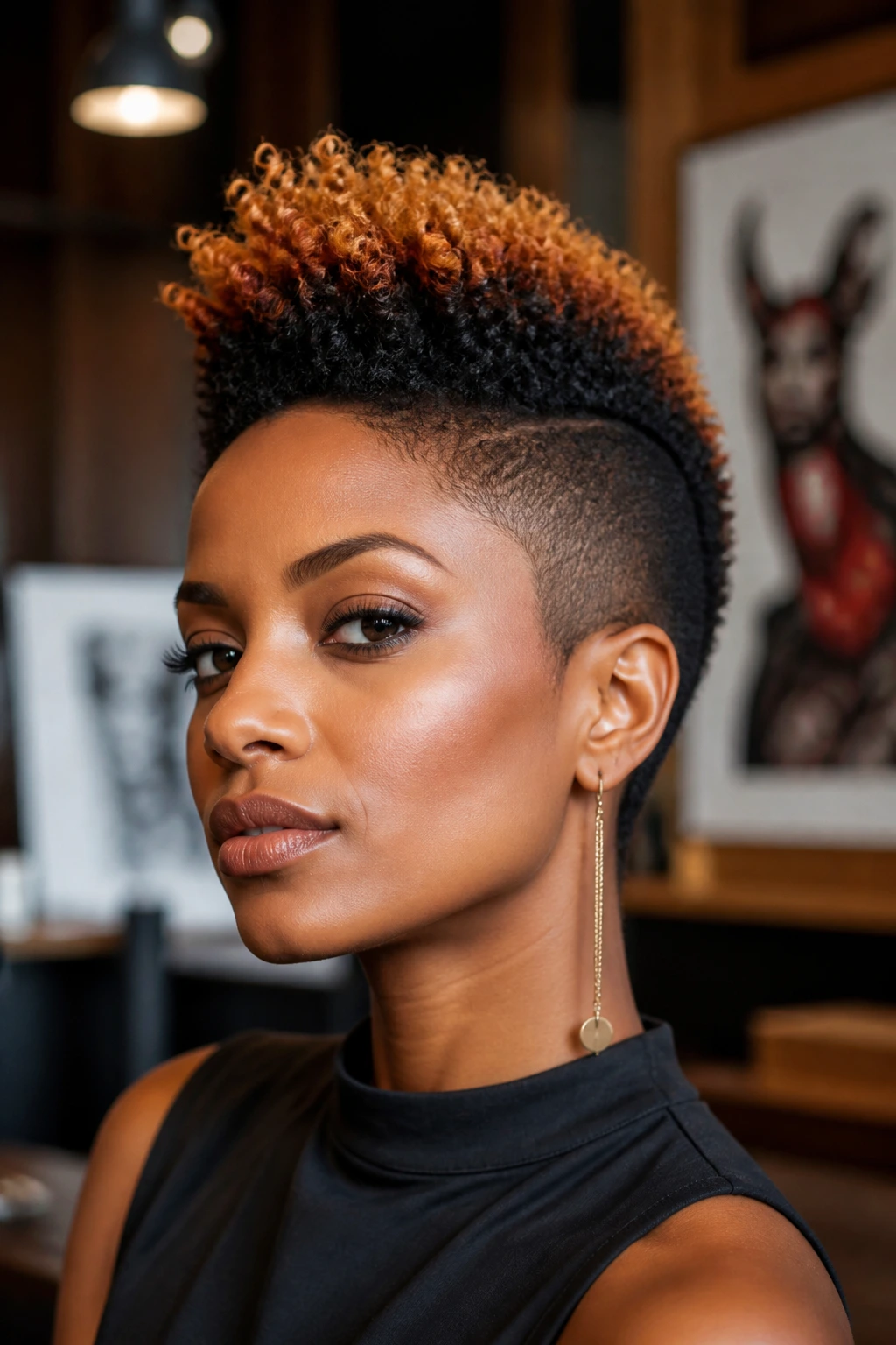 Close-up of a woman with copper tipped mohawk catching light
