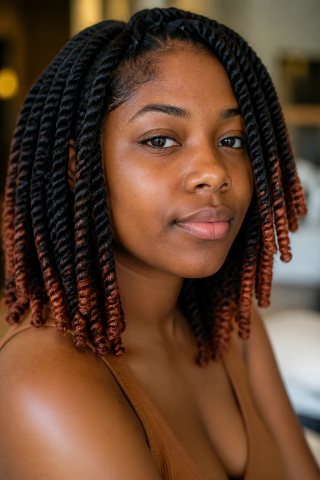 Close-up of two-strand twists with copper tips on a Black woman.