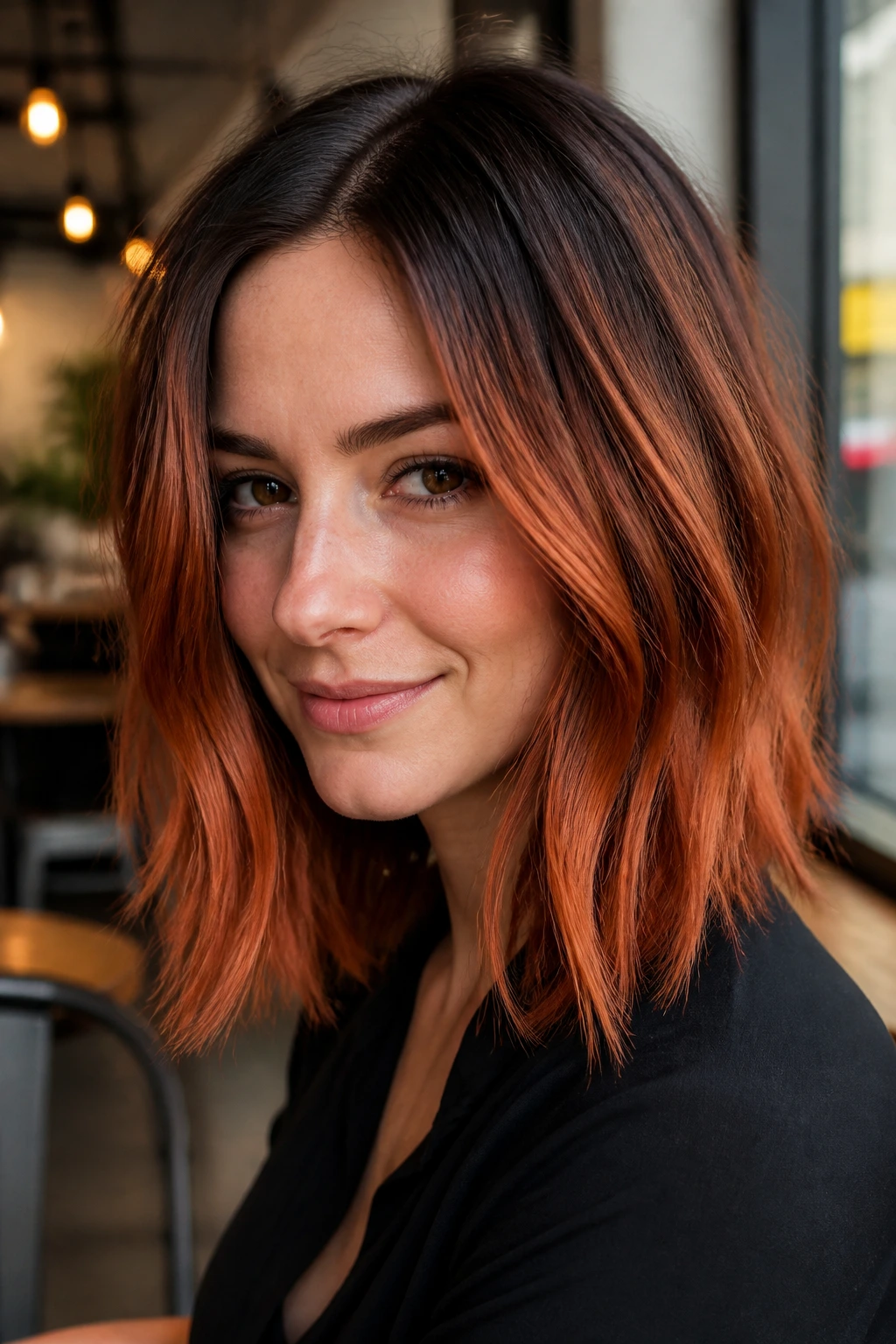 Close-up of a real woman with a long copper toasted lob and dark roots.