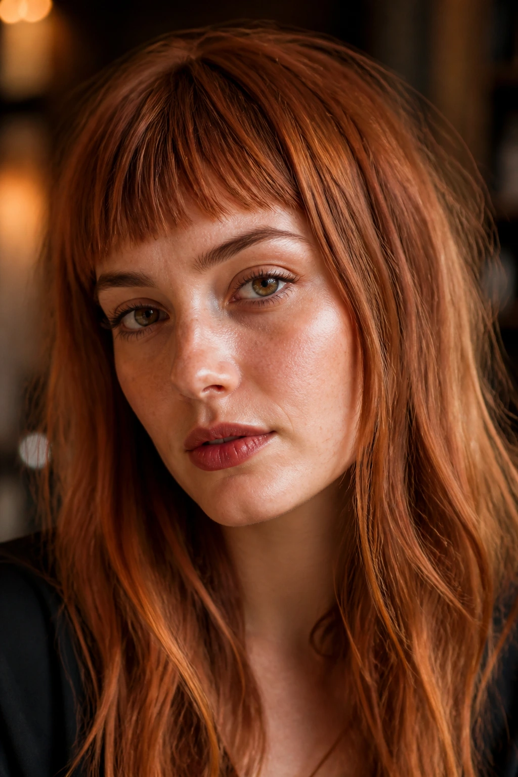 Close-up of a real woman with copper-toned short choppy bangs in warm light