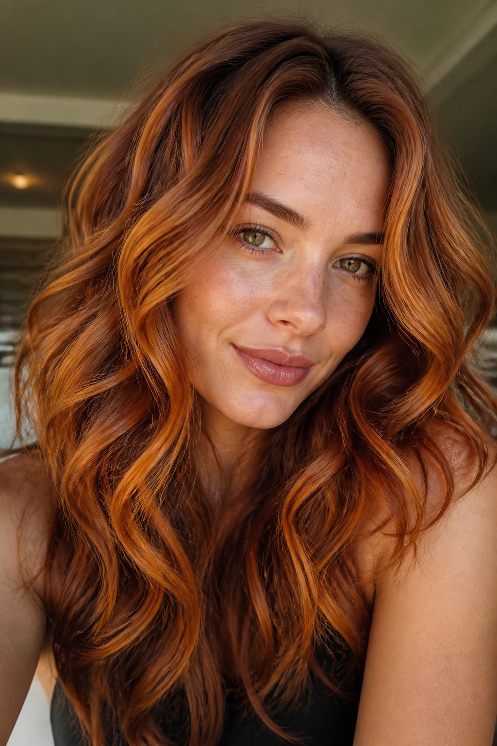 Real person showing copper hair variations with dimensional color