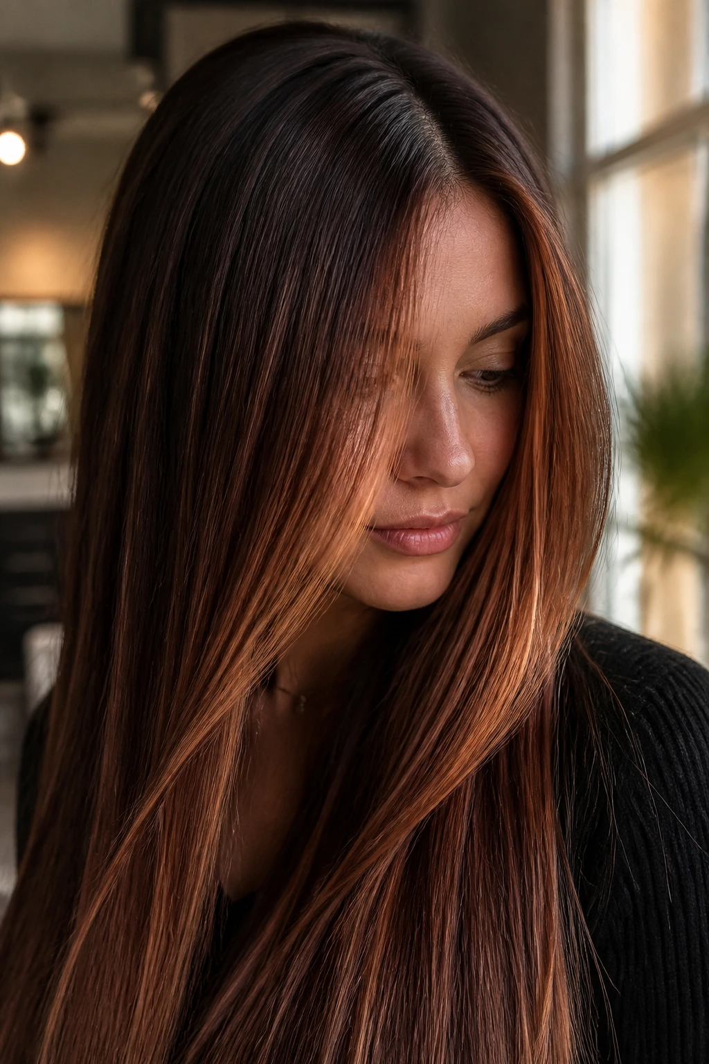 Long straight hair with copper veil over chestnut base