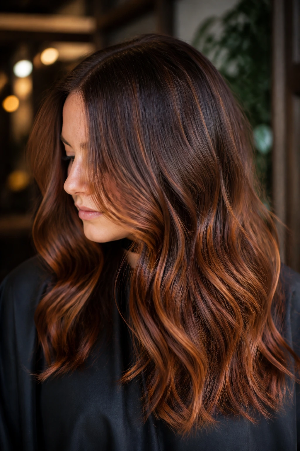 Chestnut hair with copper foil highlights close-up on real person