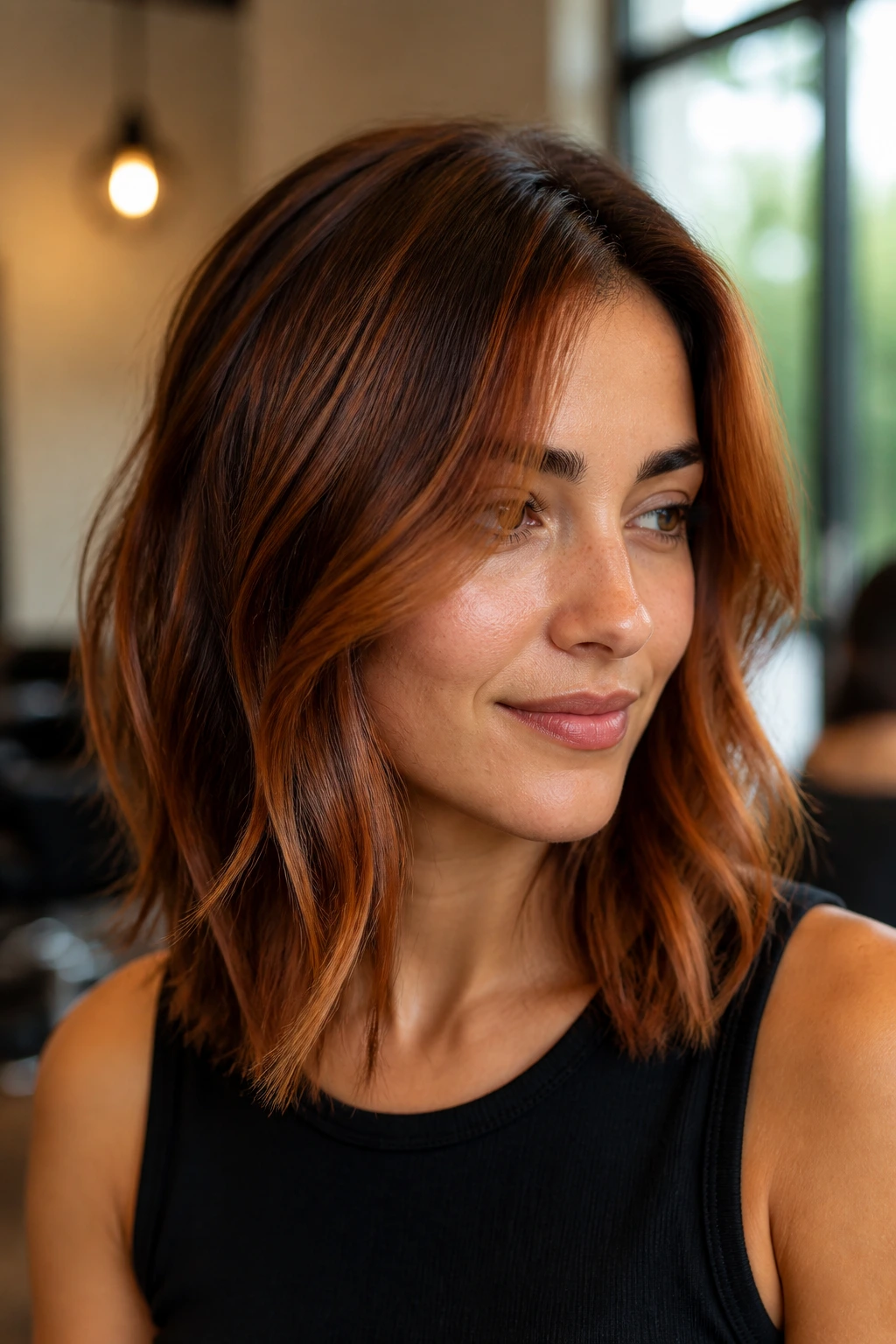 Close-up of brunette hair with copper veil highlights catching warm light
