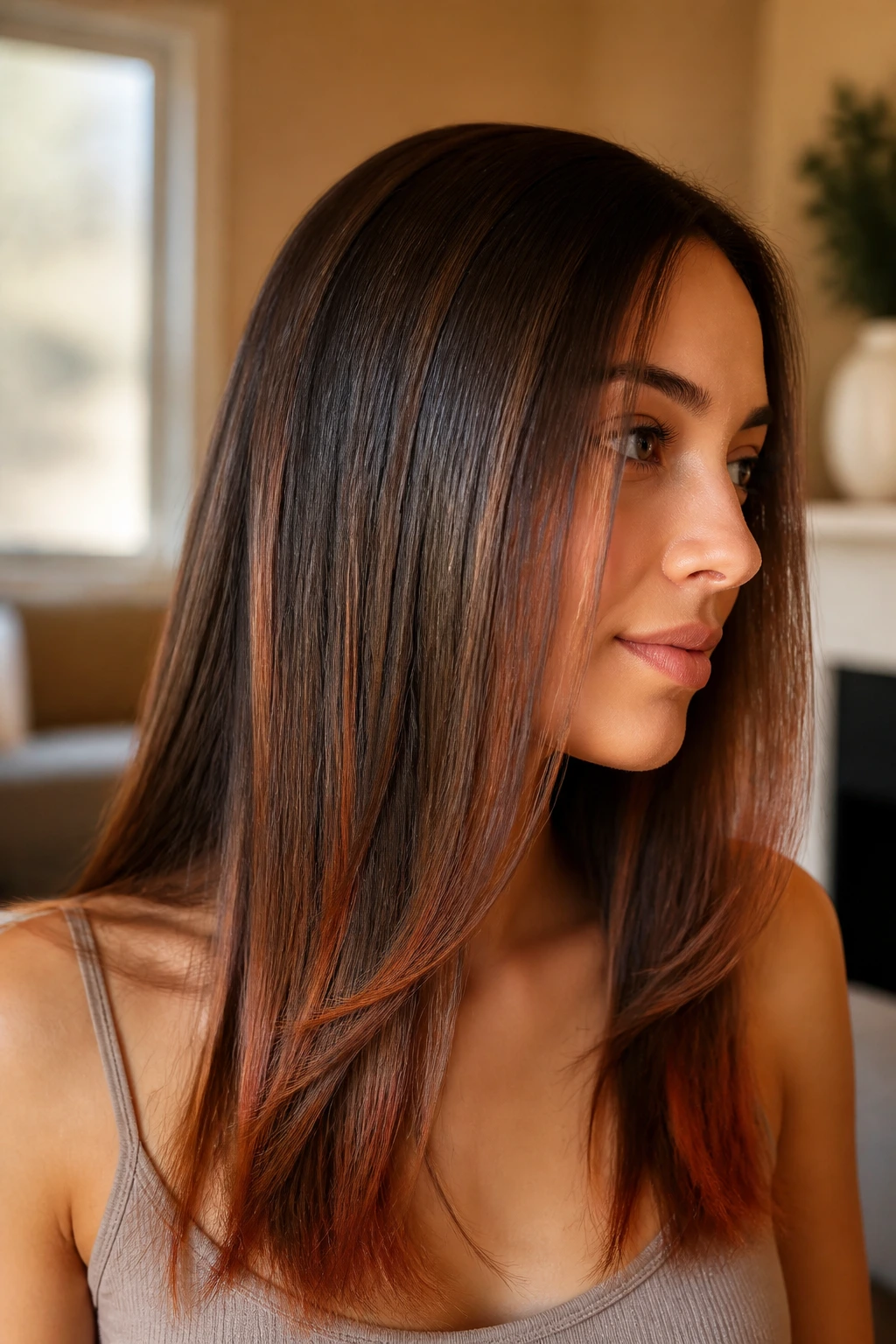Close-up portrait of a real woman with copper veil highlights on straight hair in warm light