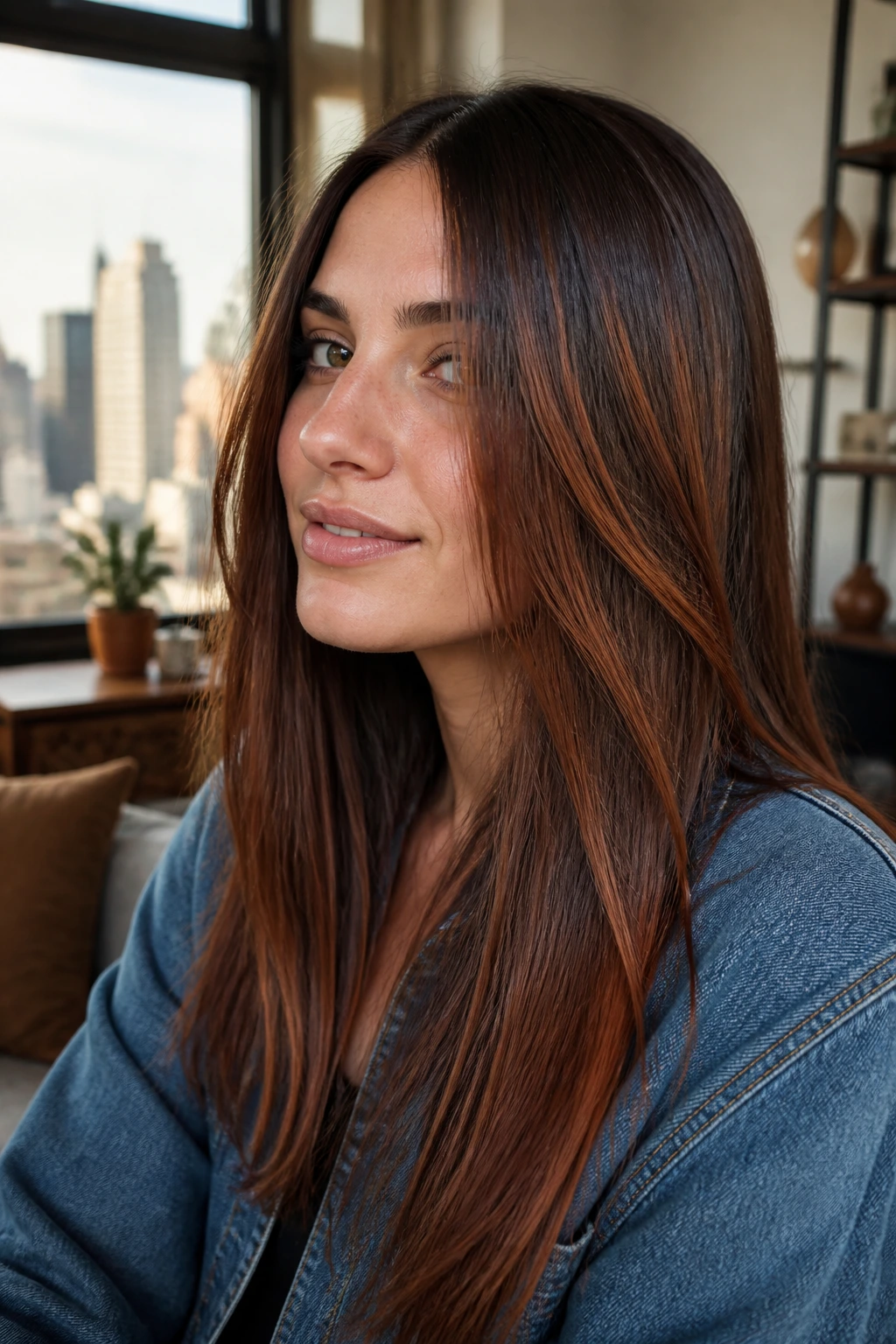 Close-up of real woman with copper veils in straight hair, translucent glow