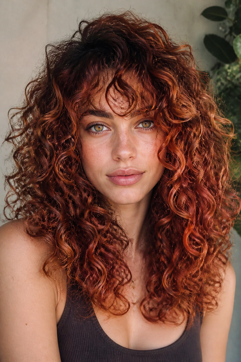 Curly hair with soft copper wash and berry-brown blend around the face