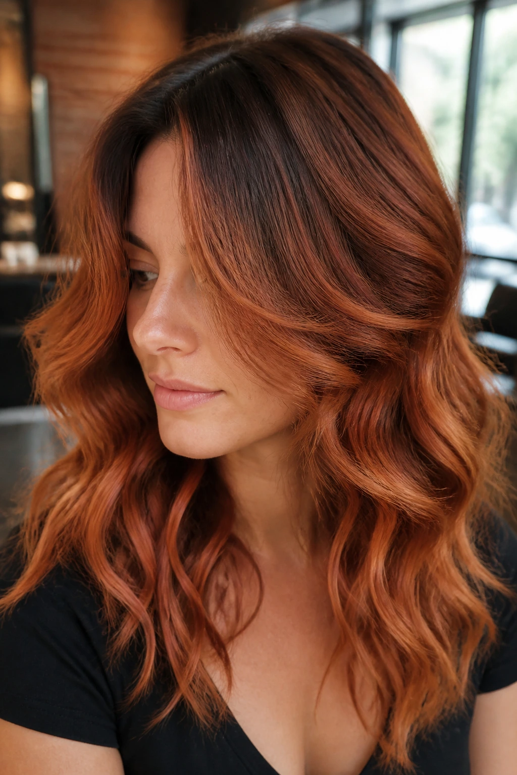 Portrait of copper-toned waves showing intentional placement for texture and color depth.