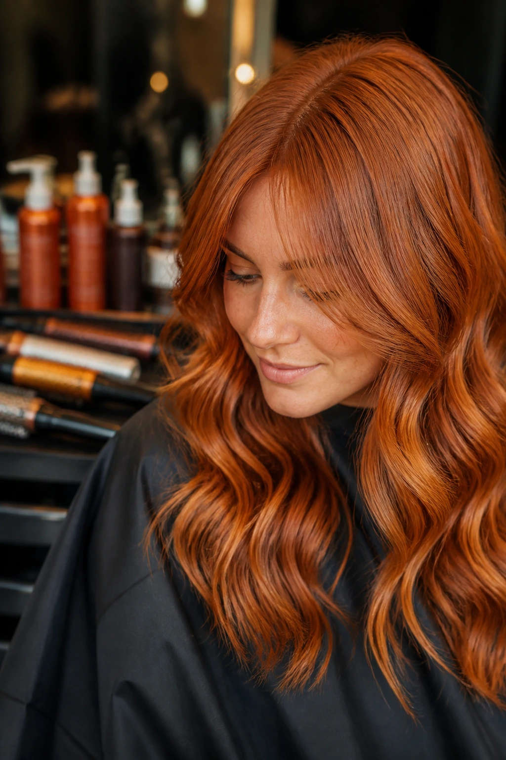 Hair with copper waves in a salon setting with tools softly visible in background.