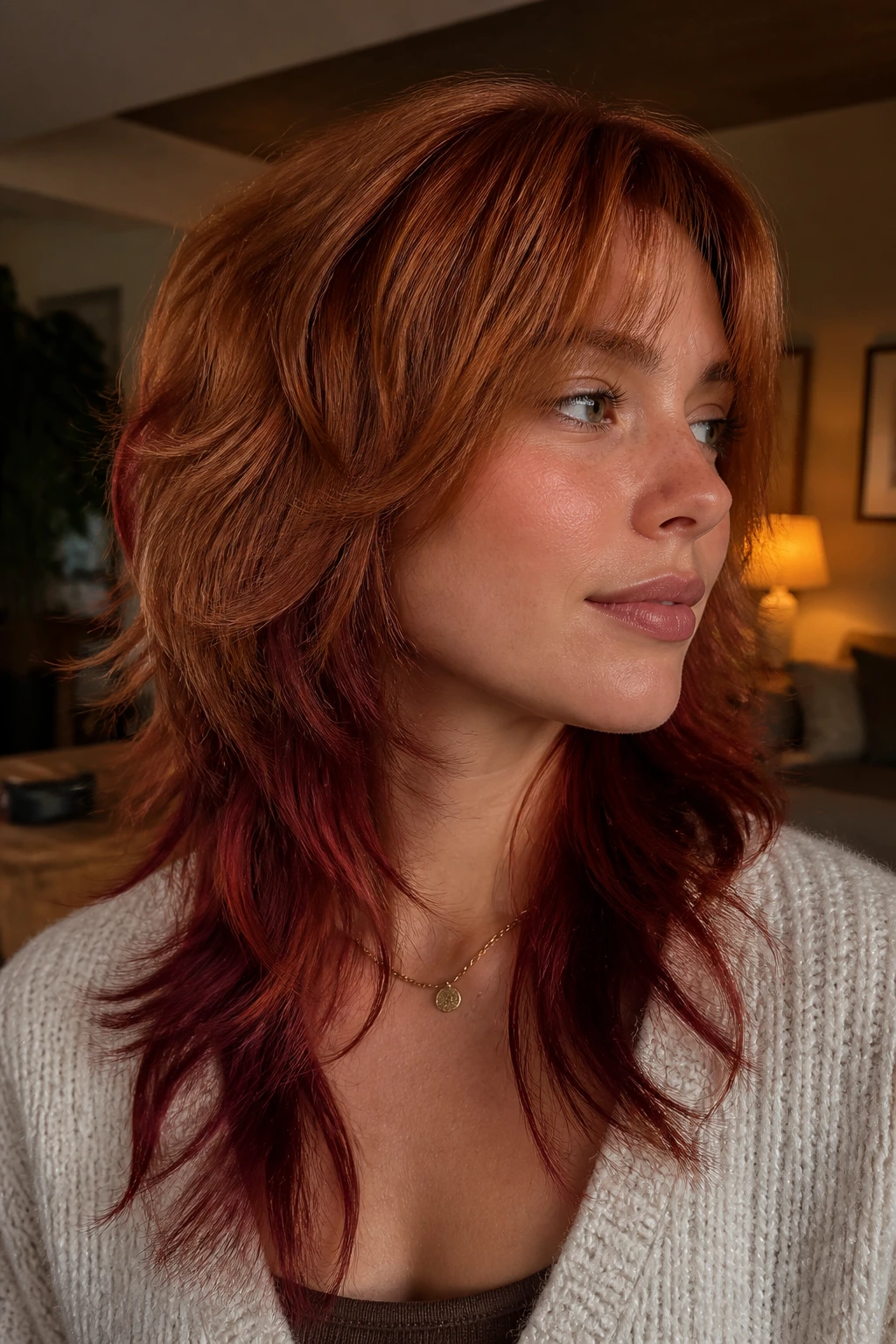 Close-up of copper wolf cut with auburn ribbons underlayers