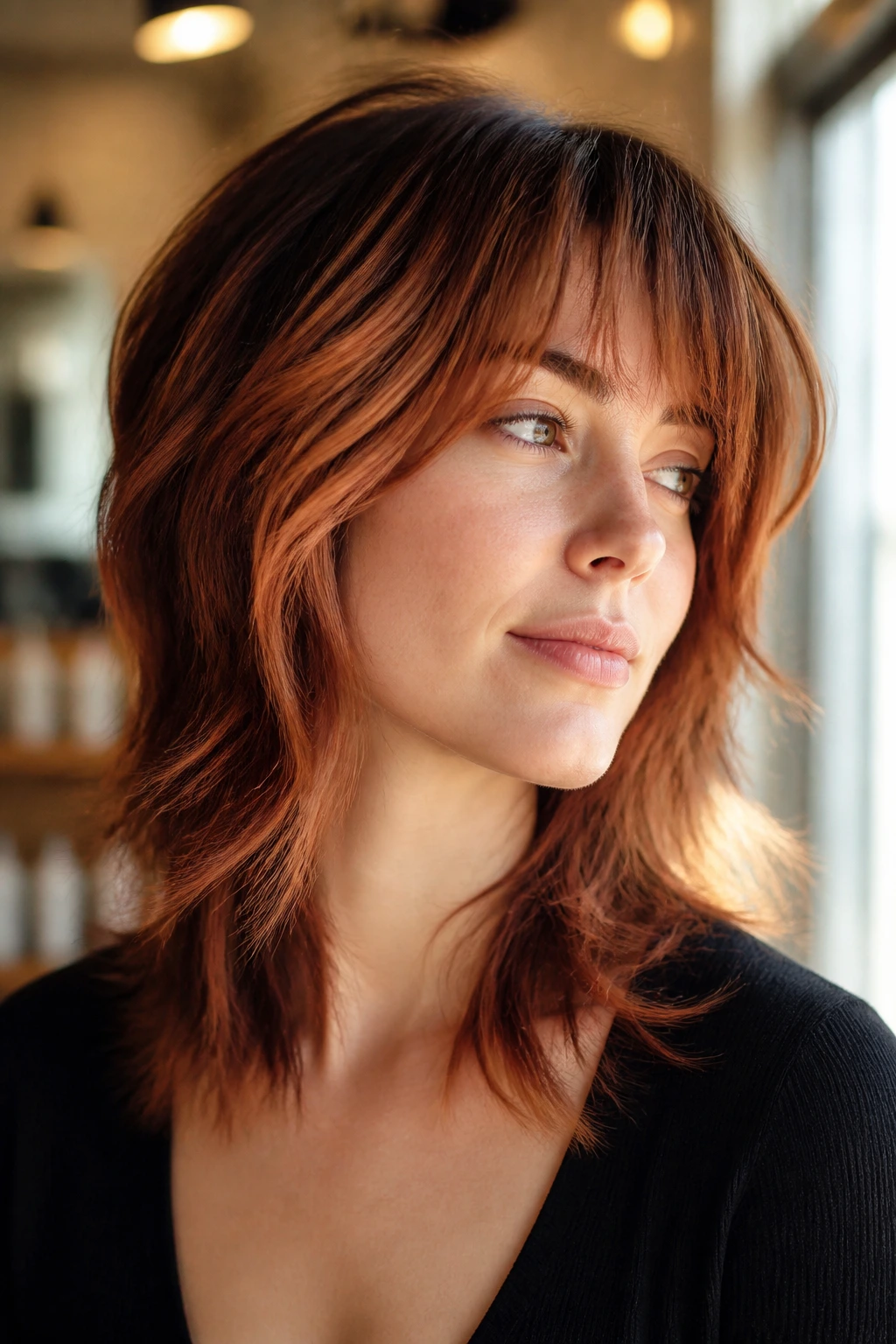 Close-up of a real woman with a copper wolf cut and soft auburn balayage, jawline framing.