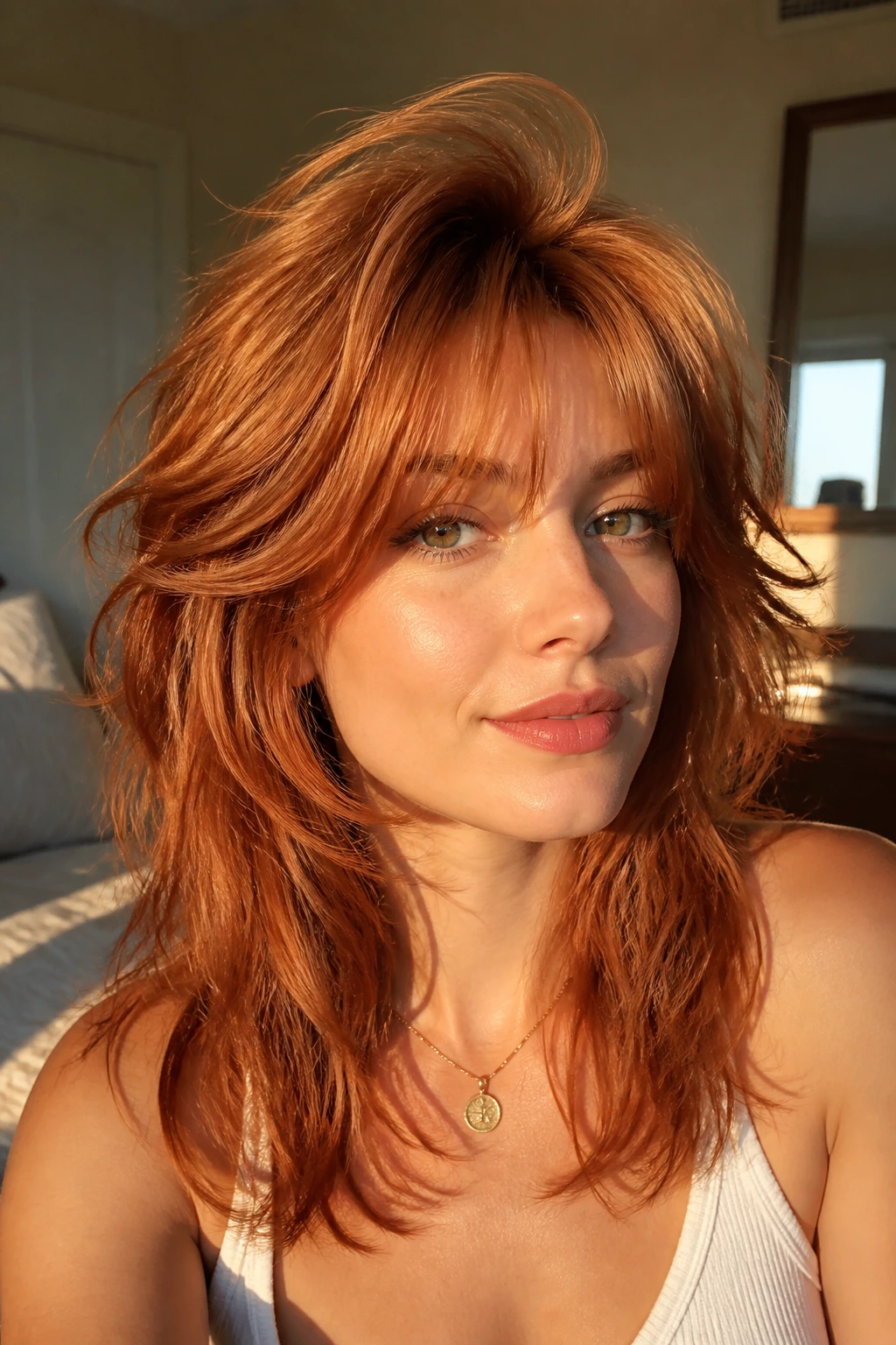 Close-up of a real person with copper wolf cut and lifted fringe in warm window light