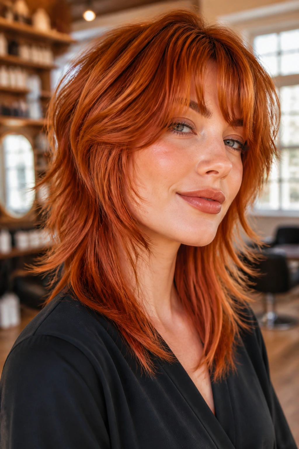 Close-up of copper wolf cut with glossy finish in warm salon lighting