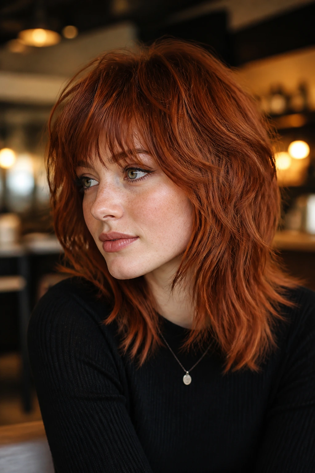 Portrait of a real person with copper wolf cut at shoulder length.
