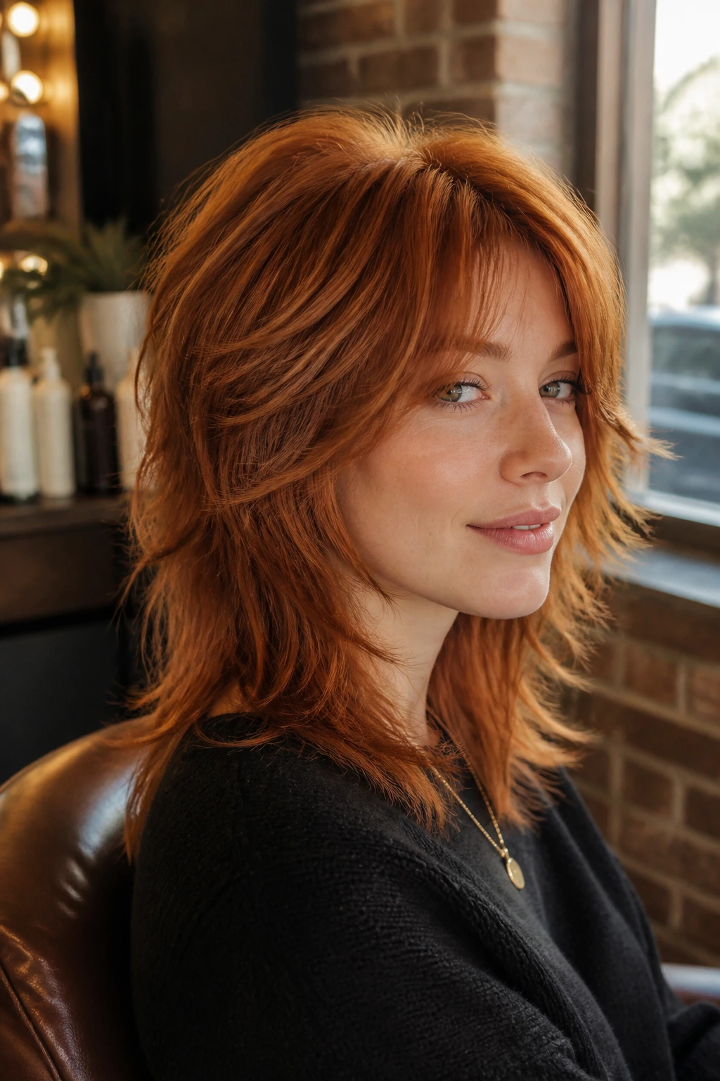 Close-up of a real person with Copper Wolf Cut and Warm Layers under warm salon lighting