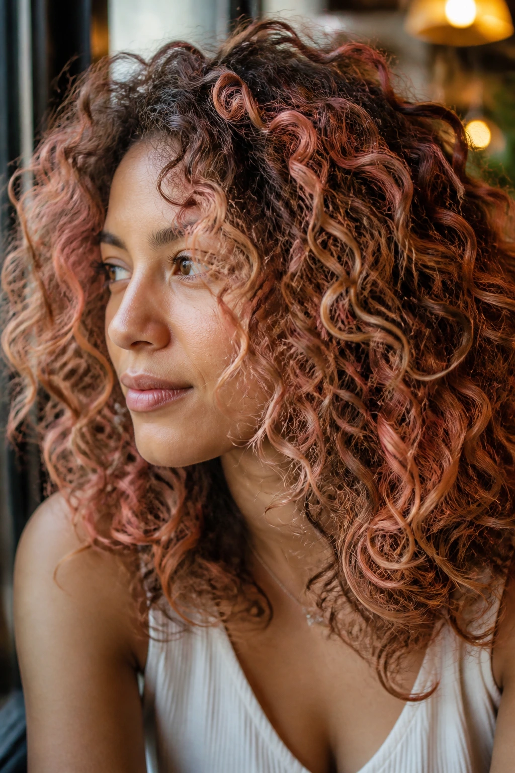 Close-up of coral-tinged curly balayage on curls with scattered color.