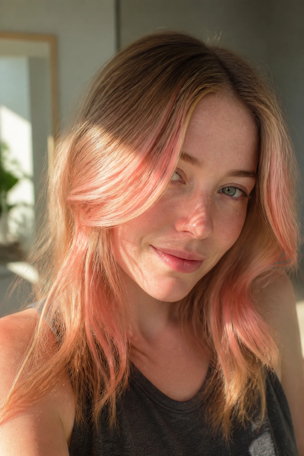 Close-up of fine hair with coral balayage around the face
