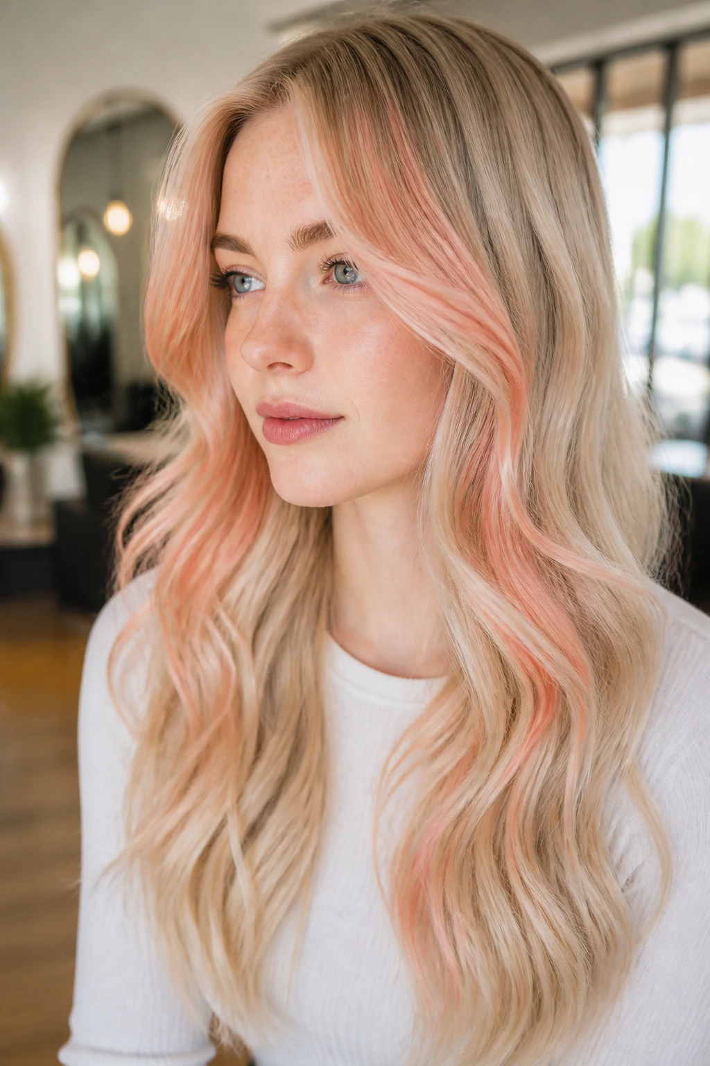 Close-up portrait of a real woman with coral ribbons on champagne blonde, pale skin.