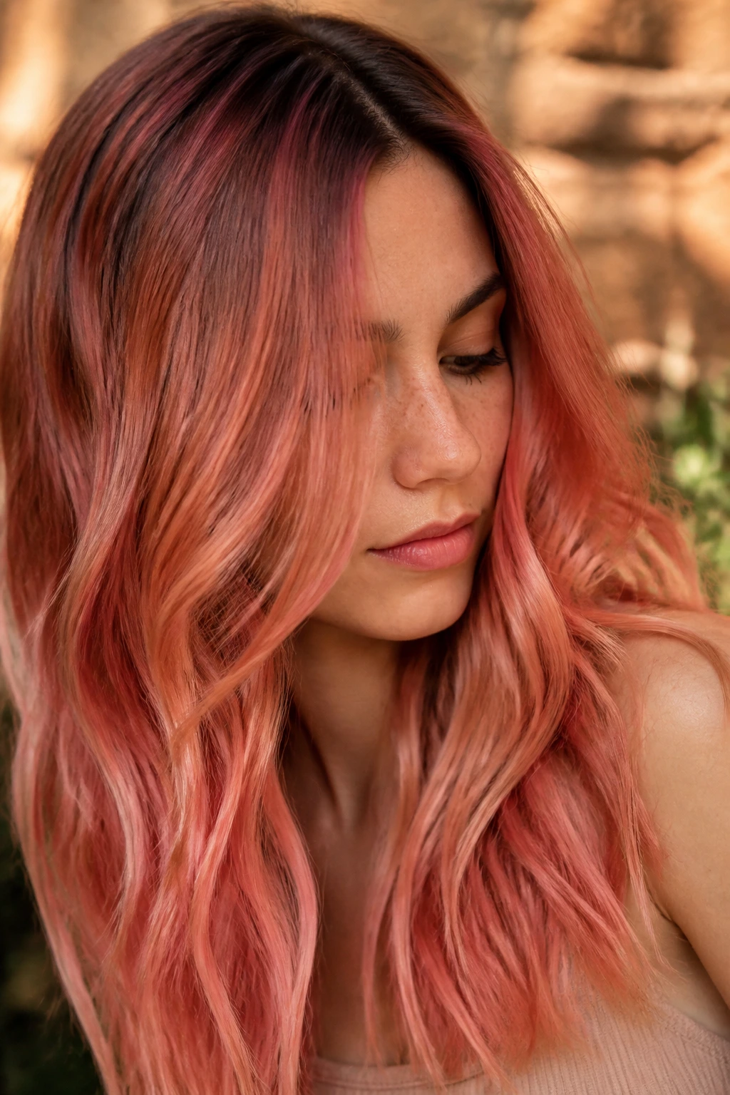 Real woman's hair with coral clay melt in warm sunlit setting