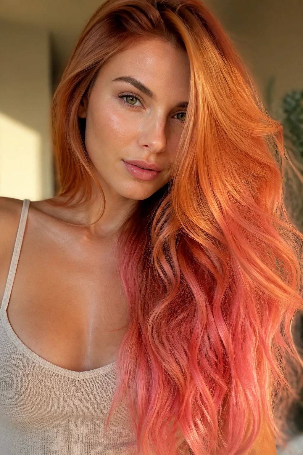 Close-up of a real woman with copper-to-coral mermaid hair from roots to ends