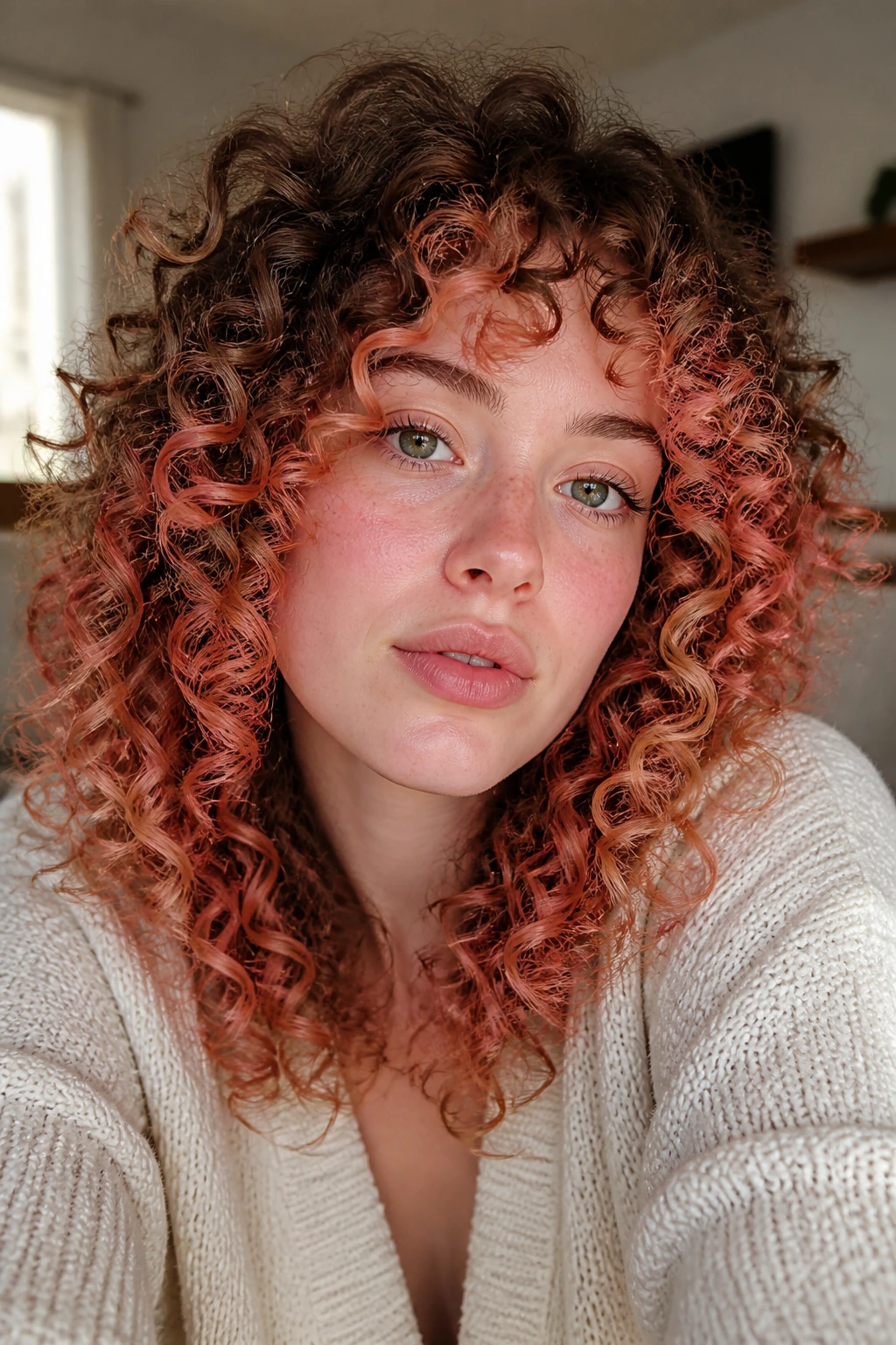 Close-up of curly hair with coral halo around the face