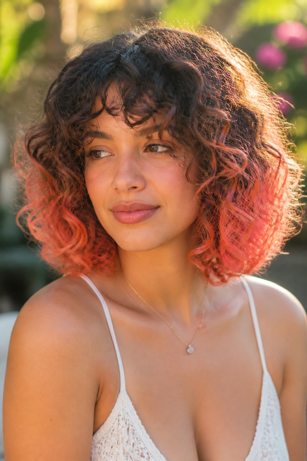 Curly hair with coral dip-dye on ends in golden hour light