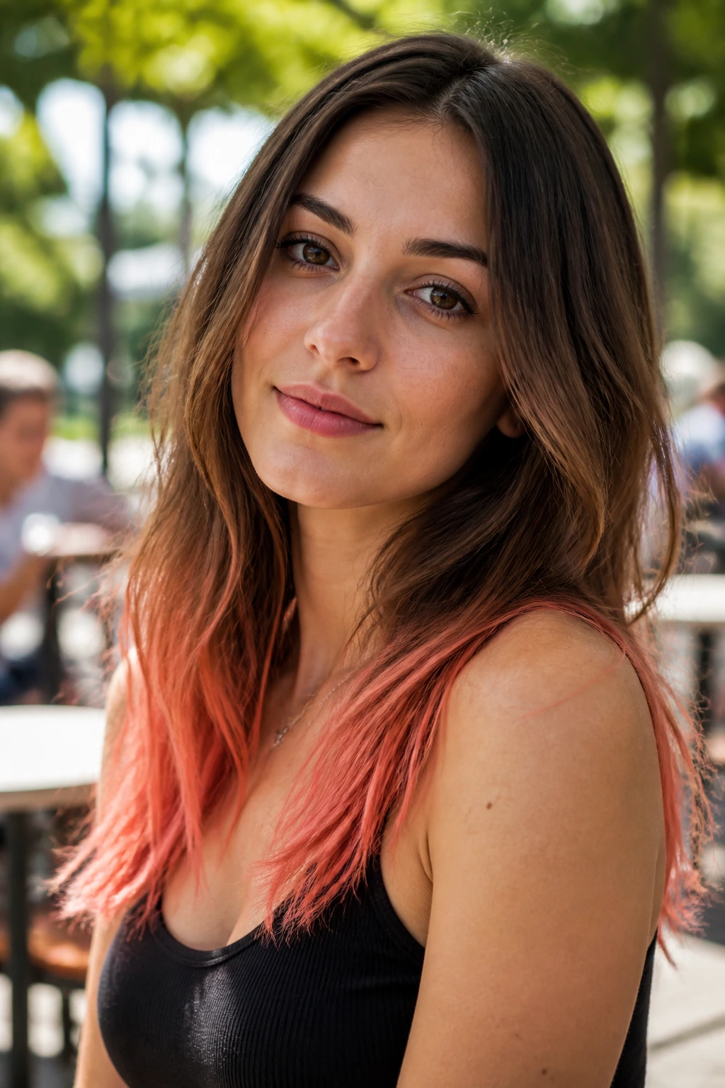 Close-up of a woman with coral-dip-dye ends on hair