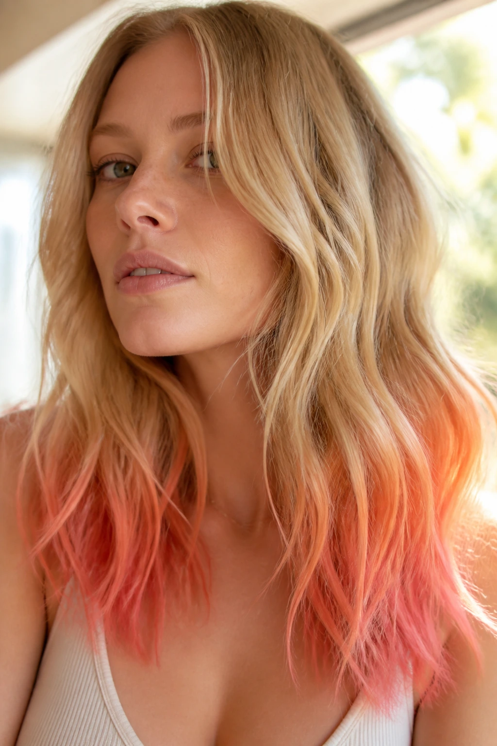 Close-up of a real person with coral dip-dye on the ends of blonde hair.