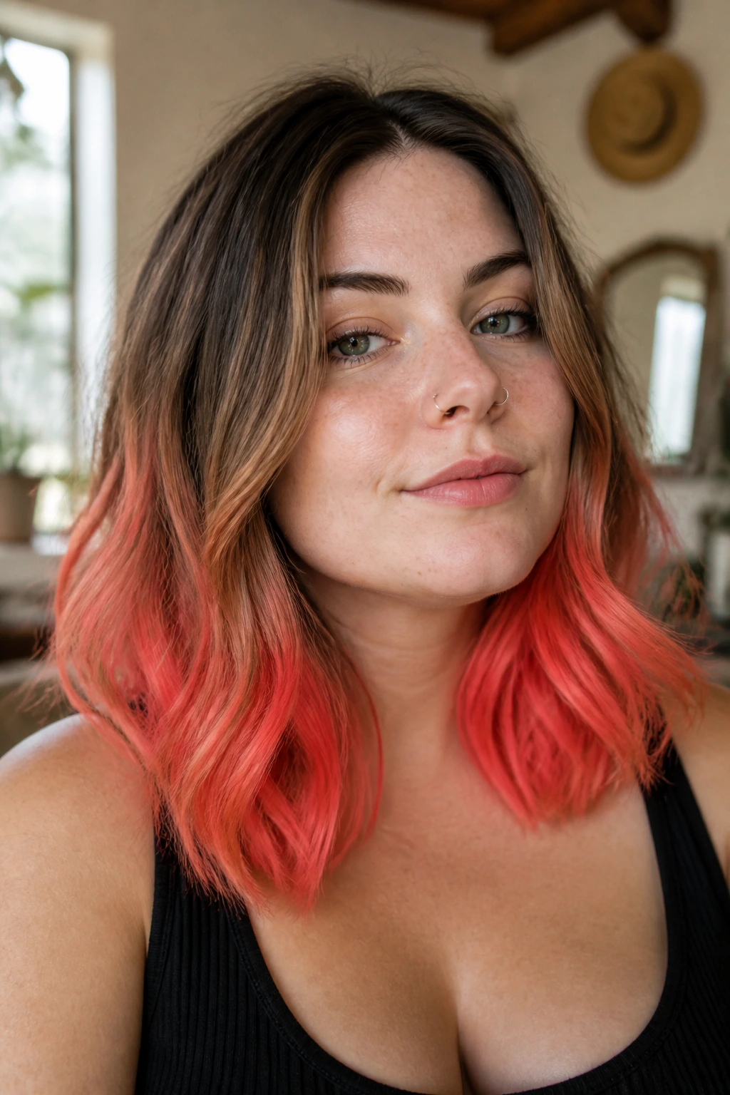 Close-up of mid-length hair with coral dip-dye on the ends