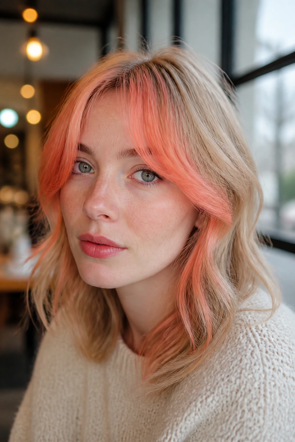 Close-up of a real woman with coral face-framing fringe on pale skin.