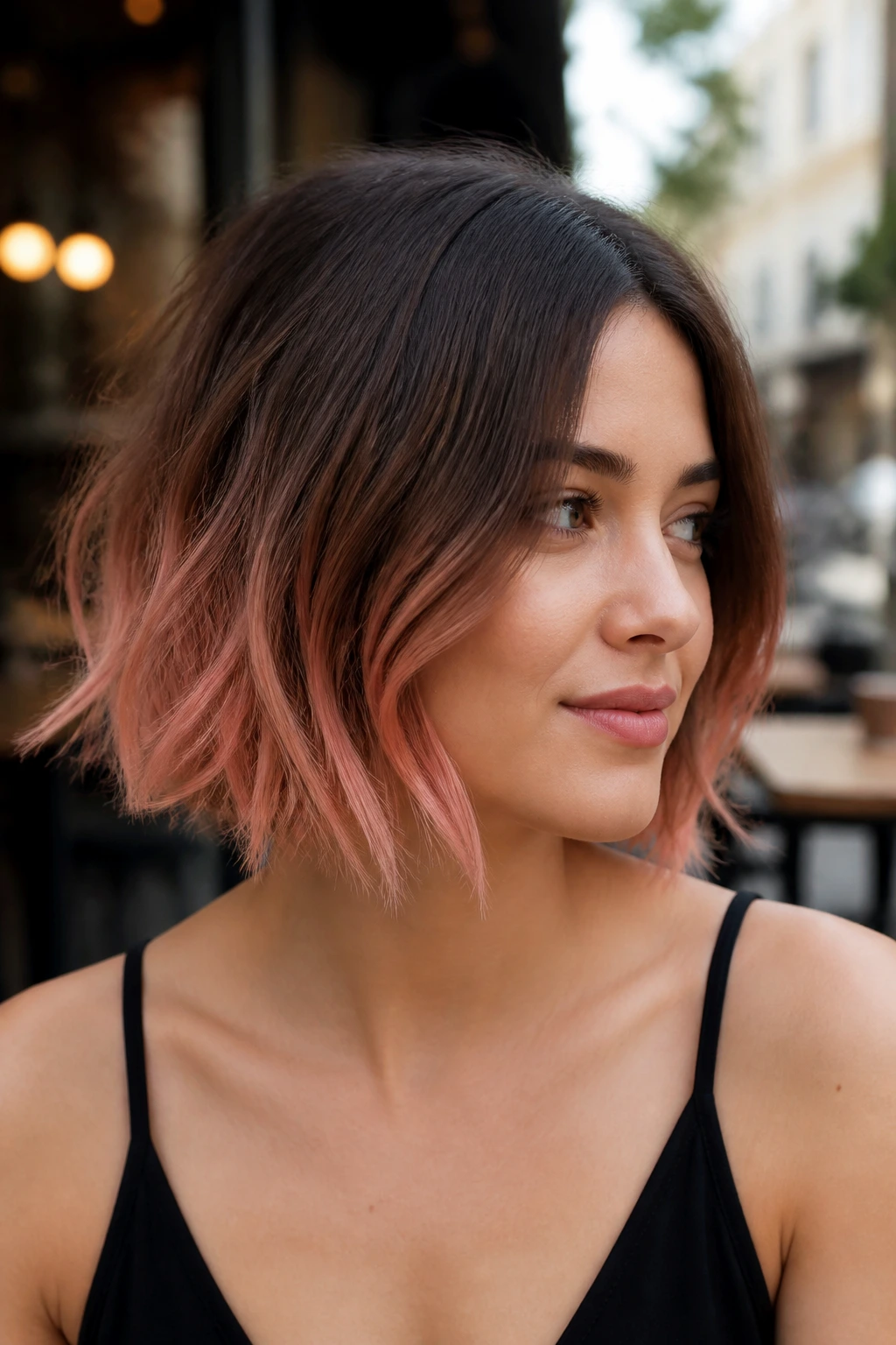 Close-up of a real person with brunette to coral gloss bob.
